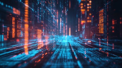 Obraz premium Abstract digital data stream in glowing blue and orange lights