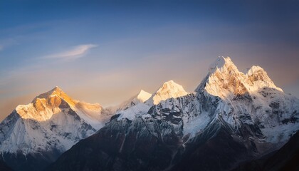 Serene snow-capped peaks at sunrise with golden light touching the mountain tops