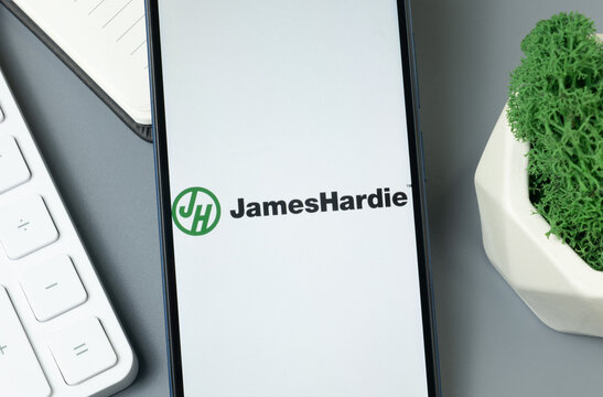 New York, USA - 30 August 2024: James Hardie Logo on Phone Screen, Company Icon on Display