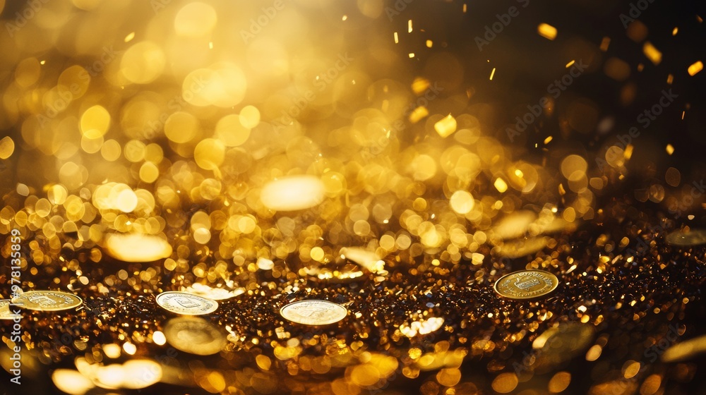 Poster golden coins with shining bokeh effect background