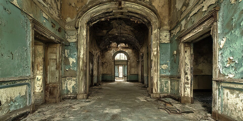Fototapeta premium Hollowed Halls of Decay: Abandoned buildings, their once grand structures now crumbling under the weight of time and neglect.