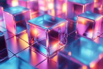 A mesmerizing arrangement of transparent cubes with glowing edges in vibrant colors, creating an abstract futuristic background.