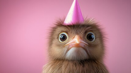 Fototapeta premium A bird with a pink party hat on its head, AI