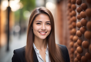 Fototapeta premium A professional young business woman portrait. A young woman with a warm smile. She has long hair. Her expression is friendly and approachable, showcasing her clear skin and bright eyes.