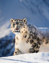 Obraz premium Silent Hunter: Snow Leopard Stalking Prey in a Snow-Covered Mountain