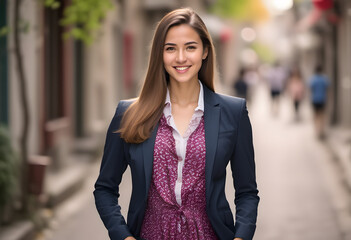 Fototapeta premium A professional young business woman portrait. A young woman with a warm smile. She has long hair. Her expression is friendly and approachable, showcasing her clear skin and bright eyes.
