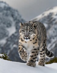 Obraz premium Silent Hunter: Snow Leopard Stalking Prey in a Snow-Covered Mountain