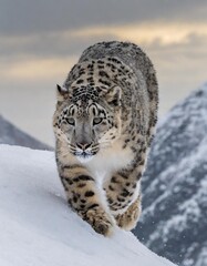 Fototapeta premium Silent Hunter: Snow Leopard Stalking Prey in a Snow-Covered Mountain