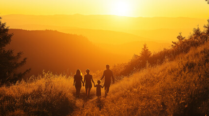 Uma família caminhando ao nascer do sol para celebrar o dia mais longo do ano, aproveitando a luz dourada, pessoas fazendo uma caminhada no solstício de verão