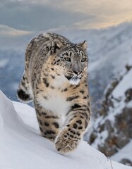 Fototapeta premium Silent Hunter: Snow Leopard Stalking Prey in a Snow-Covered Mountain