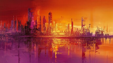 Fototapeta premium Abstract city skyline at sunset, featuring a stunning blend of warm oranges and purples that capture the urban landscape at its most enchanting hour.