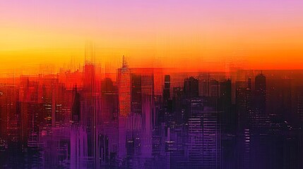 Fototapeta premium Abstract city skyline at sunset, featuring a stunning blend of warm oranges and purples that capture the urban landscape at its most enchanting hour.