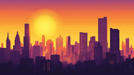 Abstract city skyline at sunset, featuring a stunning blend of warm oranges and purples that capture the urban landscape at its most enchanting hour.