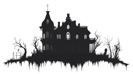Obraz premium Silhouette of a creepy haunted house in vector art, isolated on a white background, featuring eerie typography for a spooky effect.