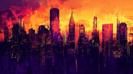 Obraz premium Abstract city skyline at sunset, featuring a stunning blend of warm oranges and purples that capture the urban landscape at its most enchanting hour.