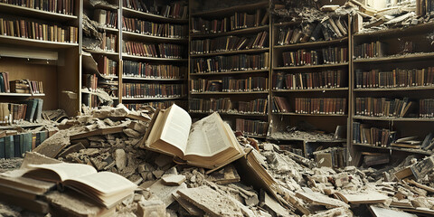 Erased Histories of Annihilation: A destroyed library, its priceless collection of knowledge reduced to rubble, leaving behind only the stories of those who once sought to preserve it.