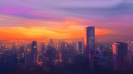 Fototapeta premium Abstract city skyline at sunset, featuring a stunning blend of warm oranges and purples that capture the urban landscape at its most enchanting hour.