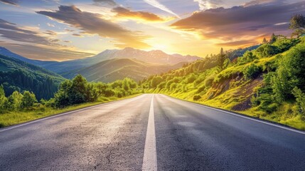 highway road and green mountain with sky clouds aAt sunset, an asphalt highway road and a green mountain are framed by clouds in the skyt sunset