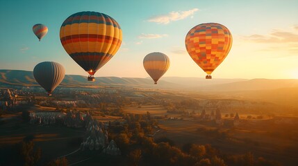 Fototapeta premium Dozens of bright, patterned hot air balloons ascending over a vast countryside at dawn, sunlight illuminating the balloons, Vintage, Soft focus, warm tones, nostalgic feel