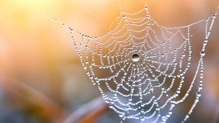 Detailed macro of a spider web with crystal-clear dew drops shimmering in early morning light, Nature, Photography, vibrant colors, high contrast, serene atmosphere