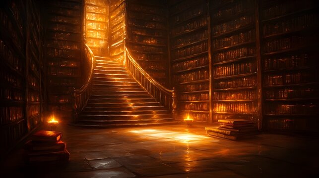 Dark, candlelit ancient library with towering shelves filled with ancient scrolls and texts, a spiral staircase leading to hidden alcoves, Gothic, Oil painting, deep shadows, rich textures of wood