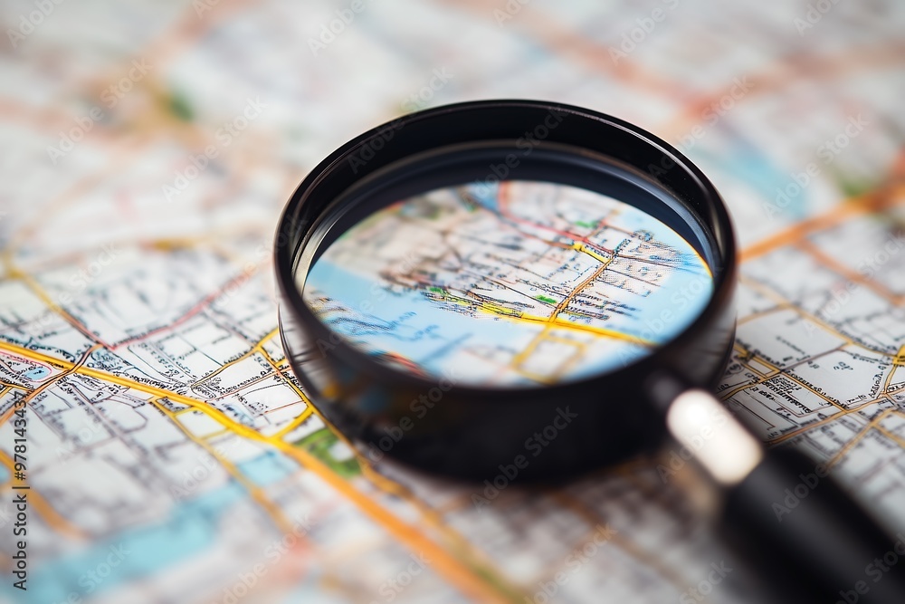 Wall mural magnifying glass focusing on detailed city map with streets