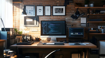 Office Workspace with Brick Wall and Wooden Desk - Realistic Photo