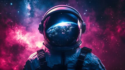 Astronaut in a reflective helmet hovering above Earth, the Milky Way mirrored in the visor, Sci-Fi, Photorealistic, high contrast, cosmic dust and bright galaxies in the background