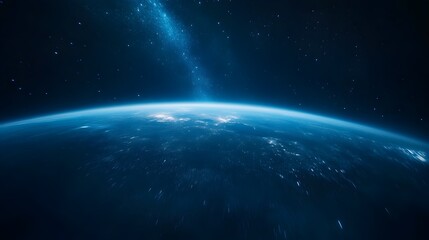 Obraz premium Astronaut floating effortlessly above Earth's curved horizon, with the Milky Way stretching across the night sky, Sci-Fi, Matte painting, cool blue tones, serene cosmic ambiance