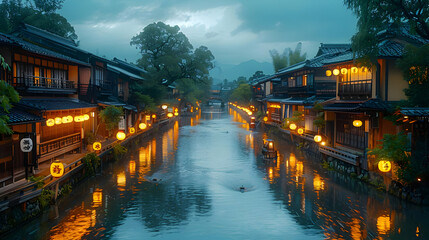 Obraz premium Waterway with Traditional Buildings and Lanterns at Dusk - Realistic Photo