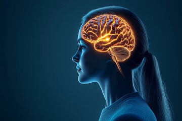 Obraz premium Side profile of a woman with a glowing brain outline symbolizing intellect mental power and the brilliance of the human mind in scientific advancement