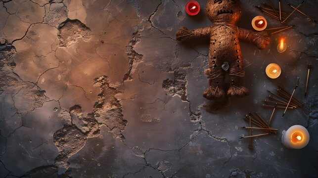 Voodoo doll with rusty nails and candle stubs on cracked floor