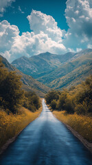 Winding road through mountain landscape with clear sky and fluffy clouds