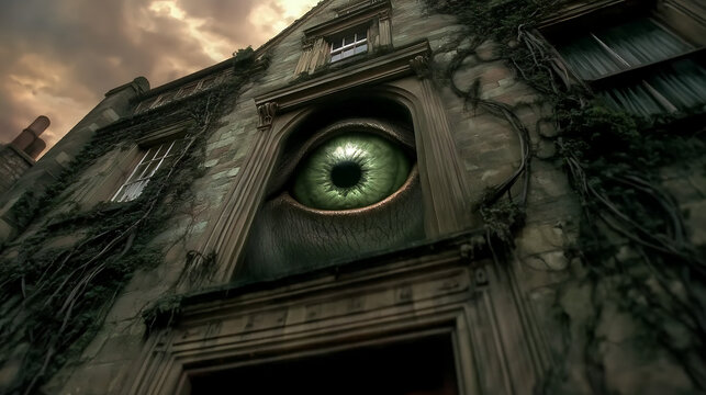 The Watcher's Gaze: A haunting image of a towering stone building with an enormous, all-seeing eye peering out from its facade, shrouded in an ominous atmosphere, vines creeping up the walls.  