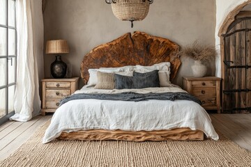 Cozy bedroom with natural wood elements and warm decor.