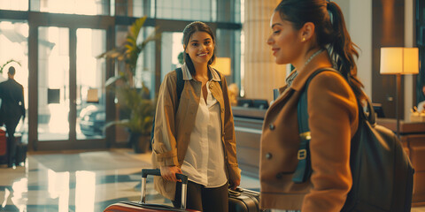 Fototapeta premium Women Checking into Hotel Lobby with Luggage, Travelers Arriving at Hotel Lobby with Suitcases