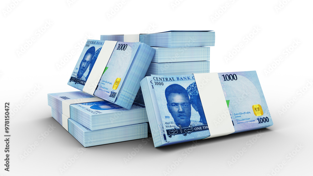 Poster 3d rendering of stacks of 1000 nigerian naira notes. bundles of nigeria currency notes isolated on t