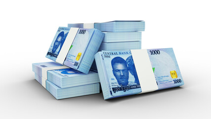 3d rendering of Stacks of 1000 Nigerian Naira notes. bundles of Nigeria currency notes isolated on transparent background, currency of Nigeria
