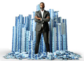 Rich African businessman with folded hands standing and and facing huge stacks of Nigerian Naira notes. Businessman  standing infront of alot piled bundles of money isolated on transparent background 