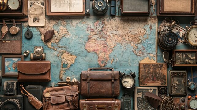 Vintage travel-themed flat lay with map and old accessories