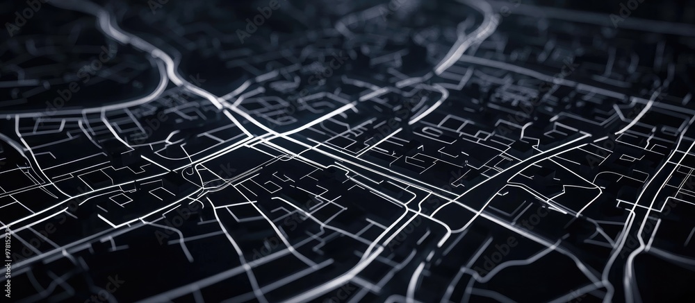 Poster stylized map featuring street layout created with white lines on a black background top down perspec