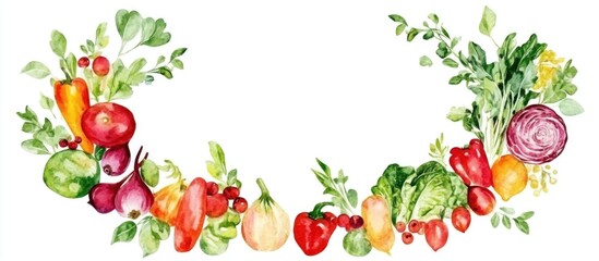Fresh organic vegetables arranged on a white background viewed from above with space for text Watercolor wreath design