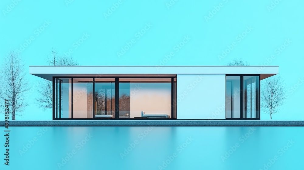 Poster minimalist house architectural model single storey building with flat roof and large windows feature