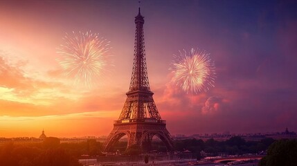 Fototapeta premium Spectacular Bastille Day Fireworks Display Illuminating the Eiffel Tower in Paris.