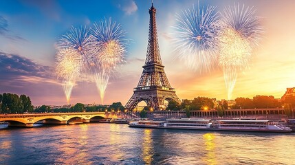 Fototapeta premium Spectacular Bastille Day Fireworks Display Illuminating the Eiffel Tower in Paris.