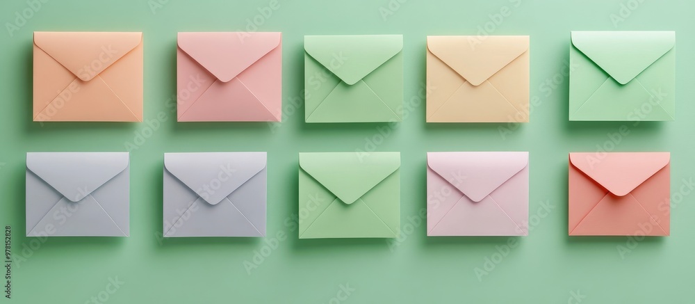 Poster three dimensional rendering of pastel colored envelopes arranged flat on a green background