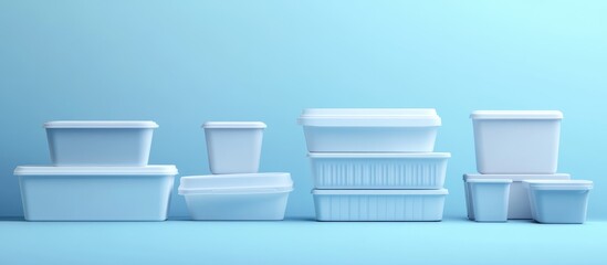 Various sizes of food delivery containers against a blue backdrop 3D render