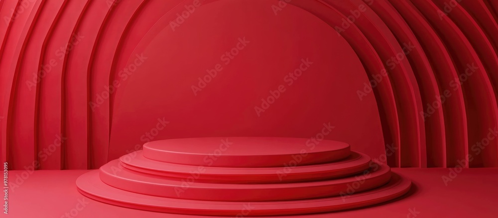 Poster contemporary red circular podium on a red backdrop top down view ideal background for showcasing pro