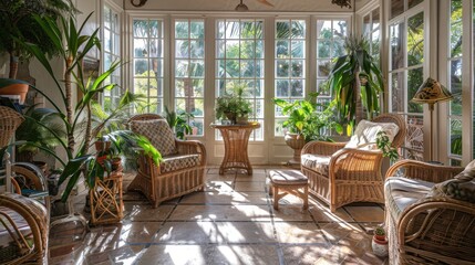 Fototapeta premium Sunroom filled with natural light, comfortable wicker furniture, and plenty of plants, offering a fresh and serene space.