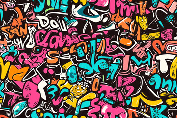 Fototapeta premium Abstract seamless pattern with graffiti words stickers on retro style. Cool colorful background.